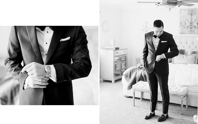 groom getting ready black and white